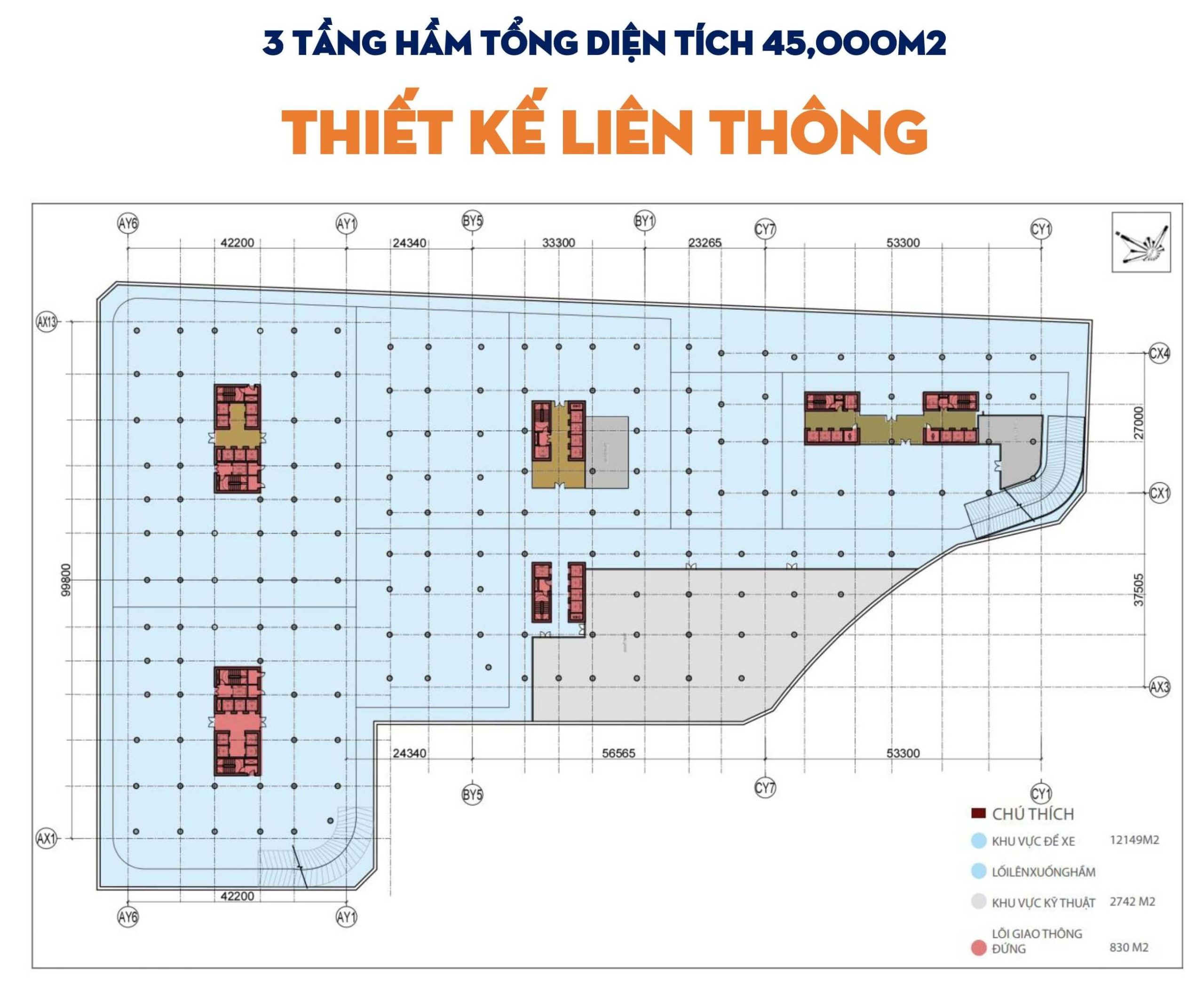 Mặt bằng 3 tầng hầm liền thông rộng 45.000m2.