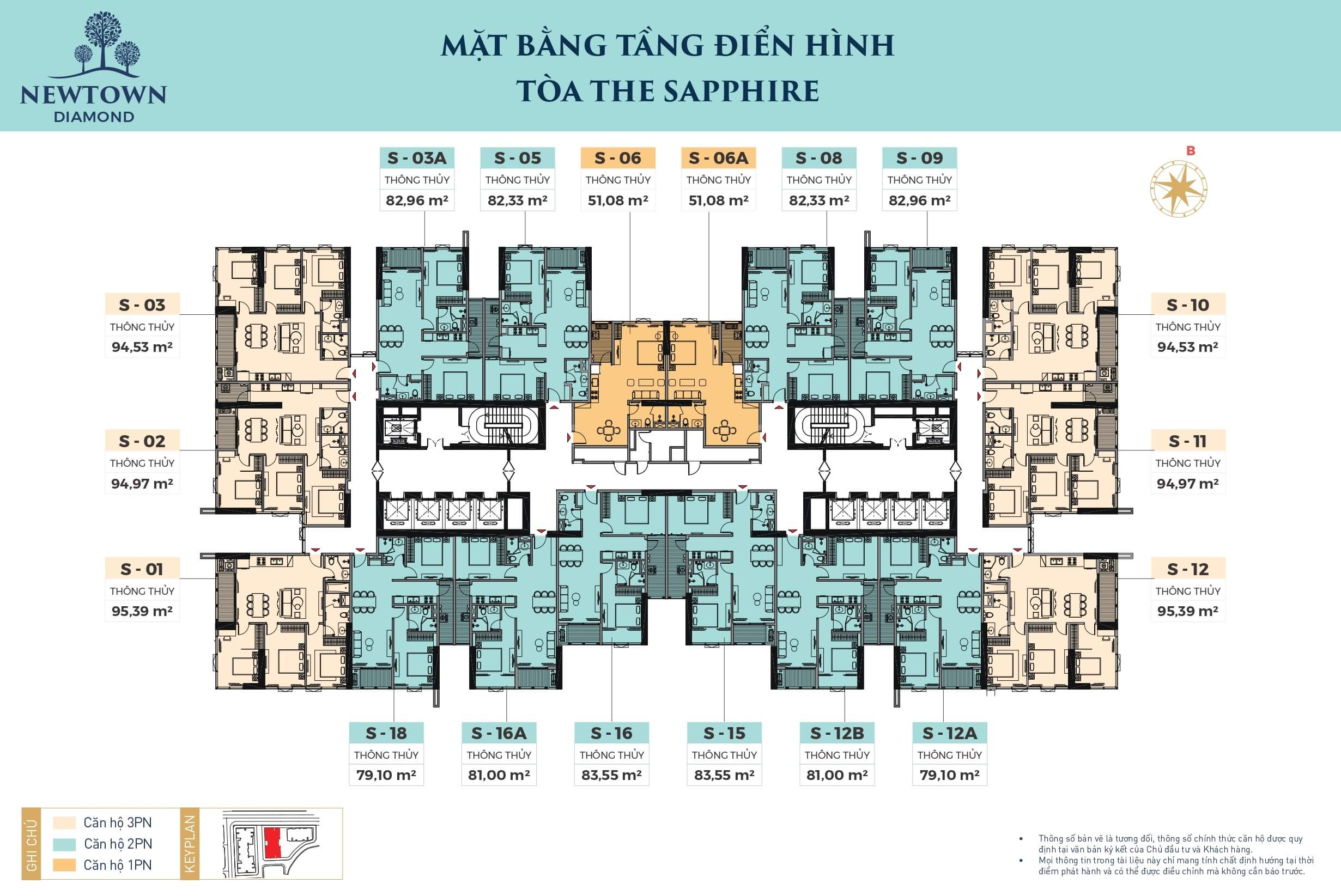 Thiết kế mặt bằng tòa Sapphire ( M2) tại chung cư Newtown Diamond.